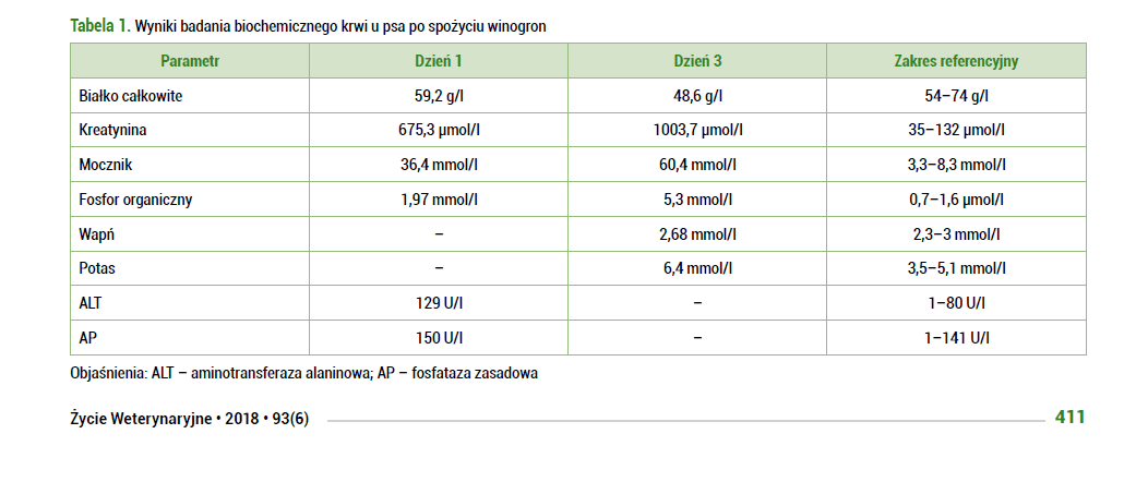 Biochemia krwi psa po spożyciu winogron
